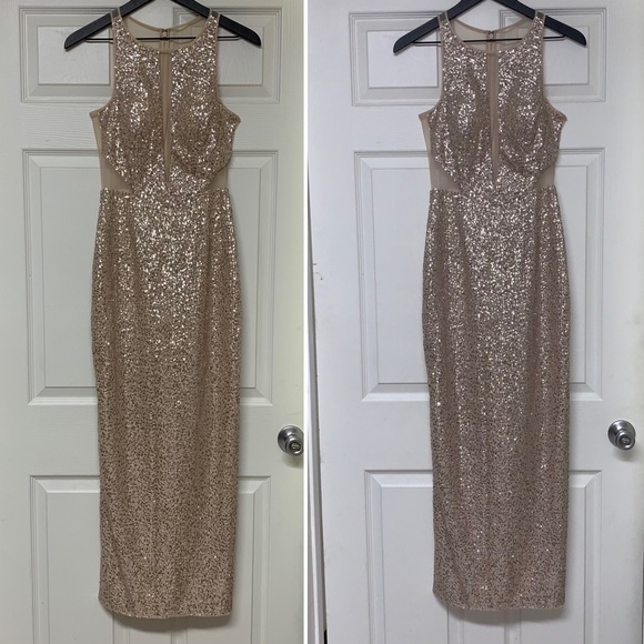 AIDAN BY AIDAN MATTOX Champagne Silver Halter Sequin Illusion Cut Open Back Gown - Picture 2 of 15